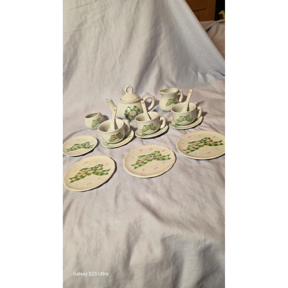 Miniature Porcelain Tea Set Green Gingham Bow Pink Rose Floral 17pc Collection